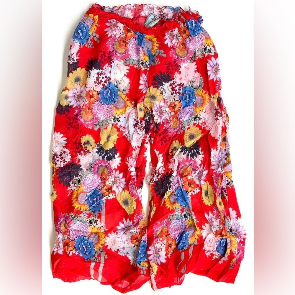 Johnny Was Red Floral Rayon Pants Size Large